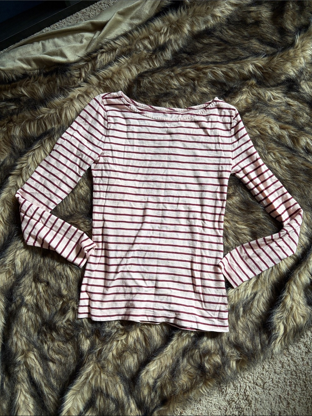 J. Crew Artist Tee Pink and Burgundy Striped Long-Sleeve Boatneck Tee Size XS